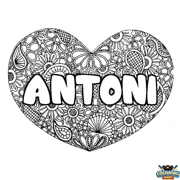 Coloring page first name ANTONI - Heart mandala background