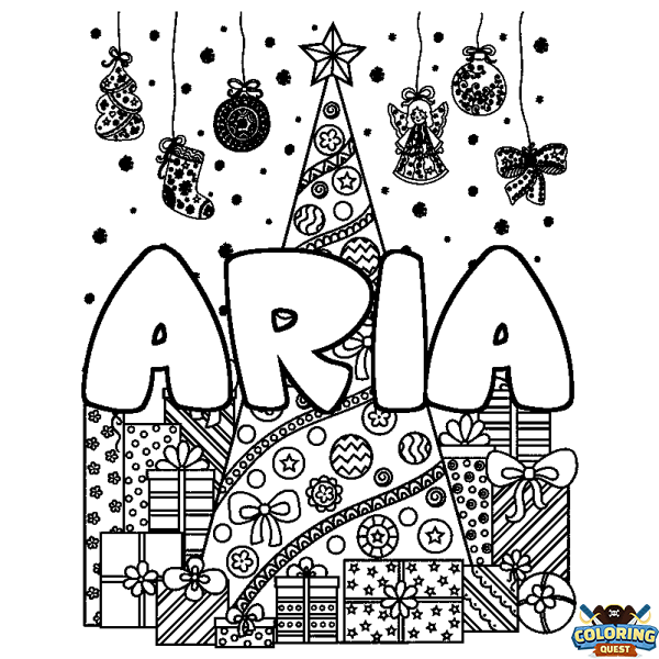 Coloring page first name ARIA - Christmas tree and presents background