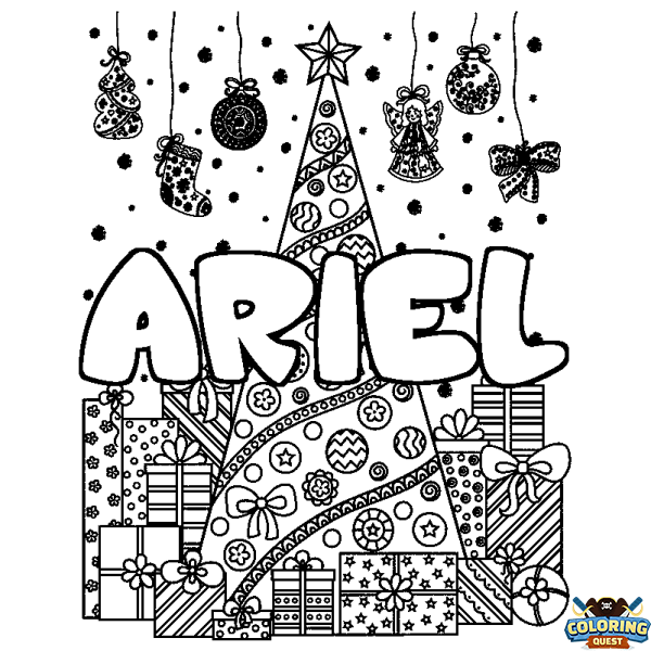 Coloring page first name ARIEL - Christmas tree and presents background
