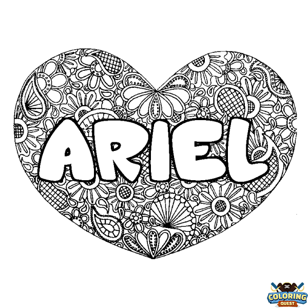 Coloring page first name ARIEL - Heart mandala background