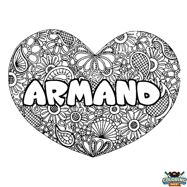 Coloring page first name ARMAND - Heart mandala background