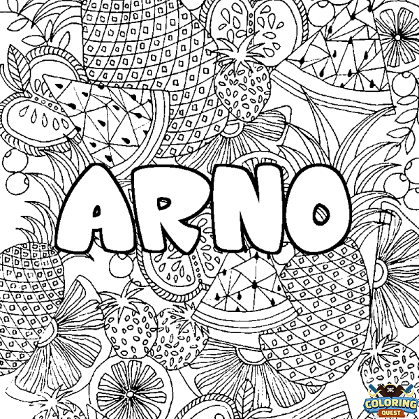 Coloring page first name ARNO - Fruits mandala background