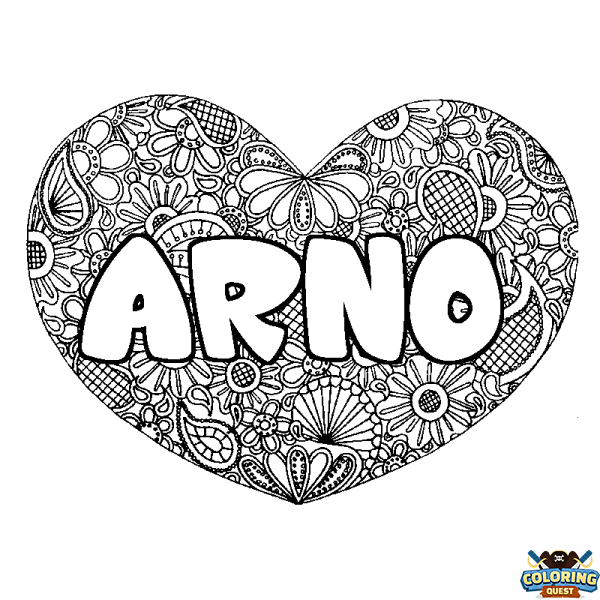 Coloring page first name ARNO - Heart mandala background