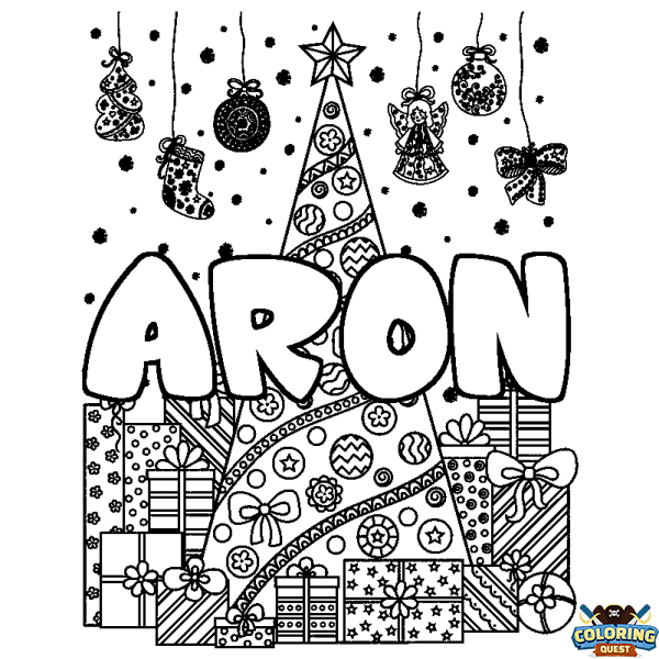 Coloring page first name ARON - Christmas tree and presents background