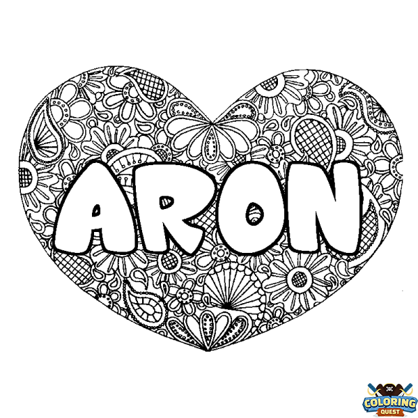 Coloring page first name ARON - Heart mandala background