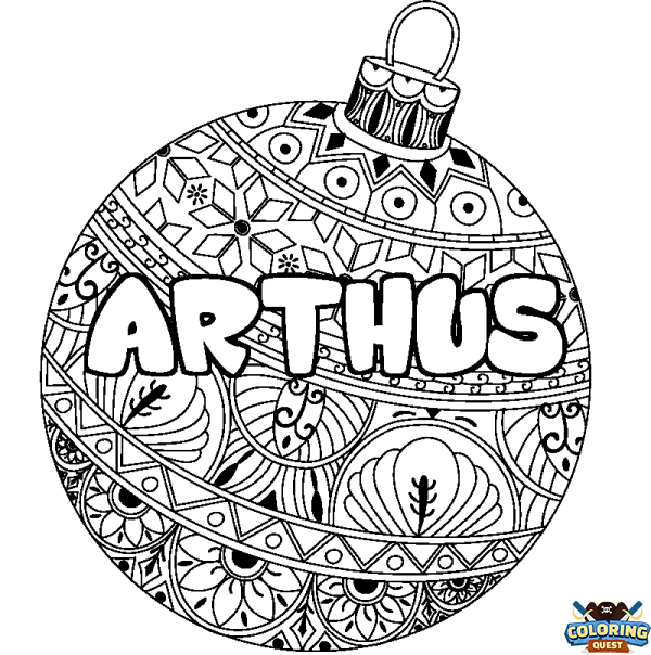 Coloring page first name ARTHUS - Christmas tree bulb background