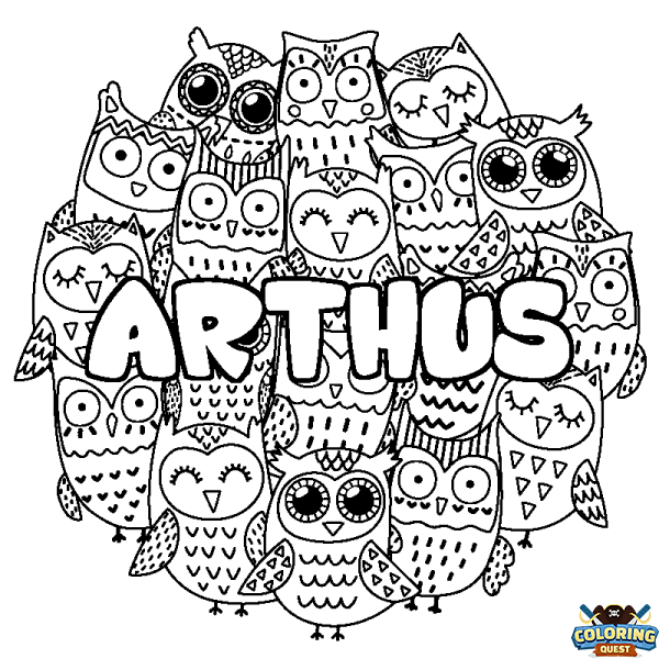 Coloring page first name ARTHUS - Owls background