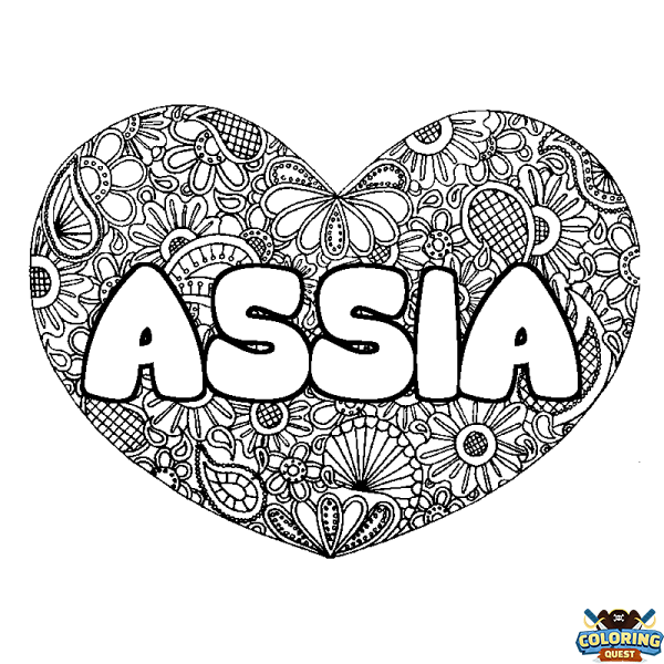 Coloring page first name ASSIA - Heart mandala background