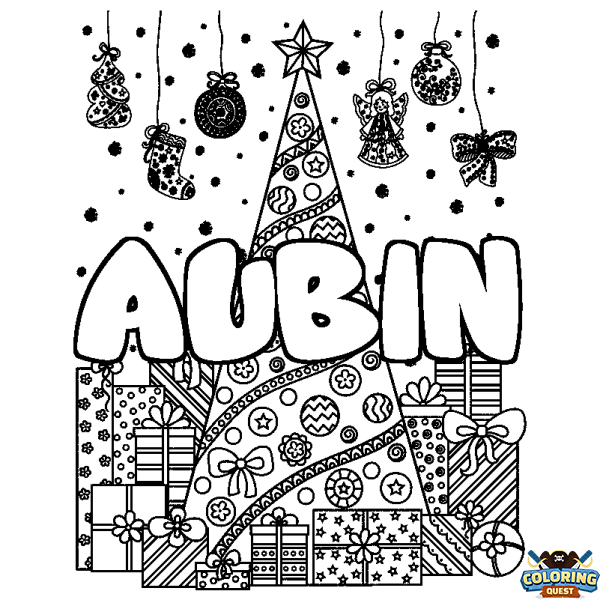 Coloring page first name AUBIN - Christmas tree and presents background