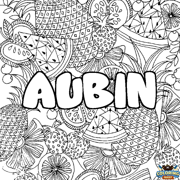 Coloring page first name AUBIN - Fruits mandala background