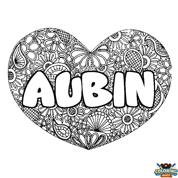 Coloring page first name AUBIN - Heart mandala background