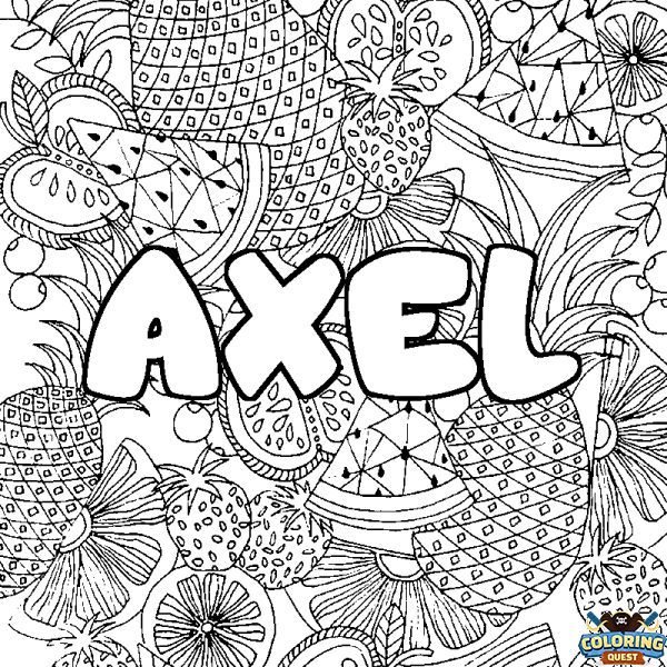 Coloring page first name AXEL - Fruits mandala background