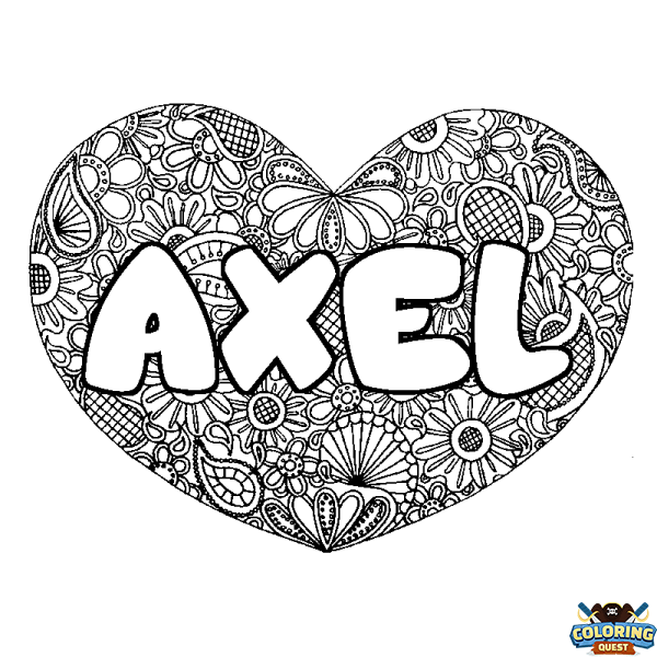 Coloring page first name AXEL - Heart mandala background