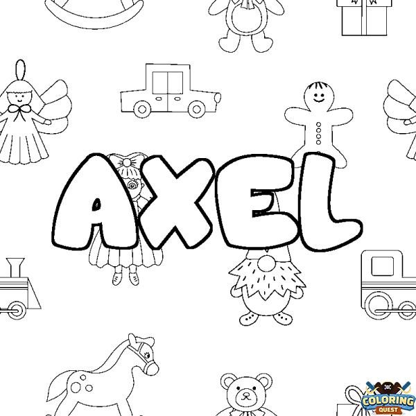 Coloring page first name AXEL - Toys background