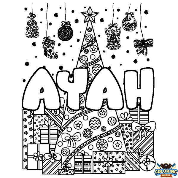 Coloring page first name AYAH - Christmas tree and presents background