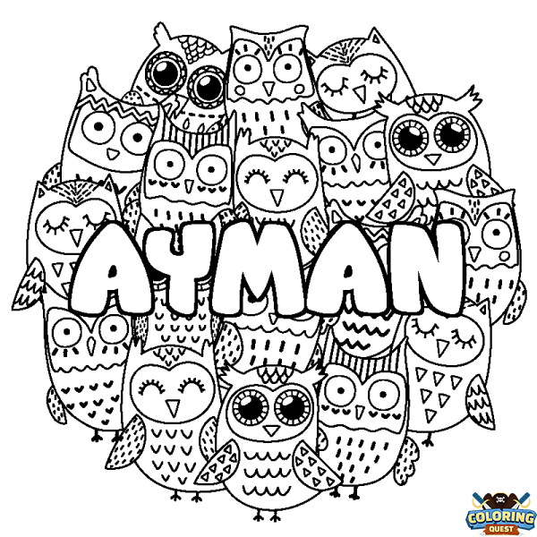 Coloring page first name AYMAN - Owls background