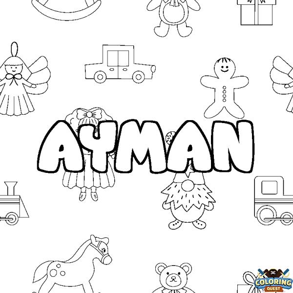 Coloring page first name AYMAN - Toys background