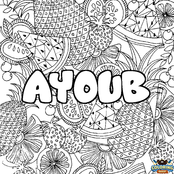 Coloring page first name AYOUB - Fruits mandala background