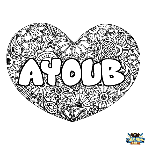 Coloring page first name AYOUB - Heart mandala background