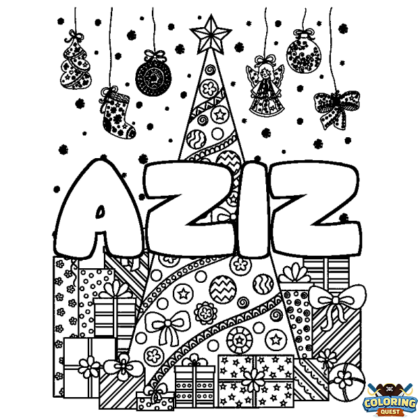 Coloring page first name AZIZ - Christmas tree and presents background