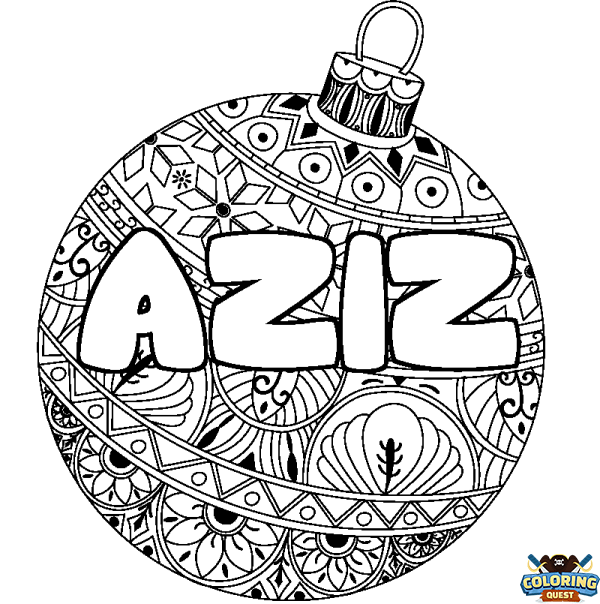 Coloring page first name AZIZ - Christmas tree bulb background
