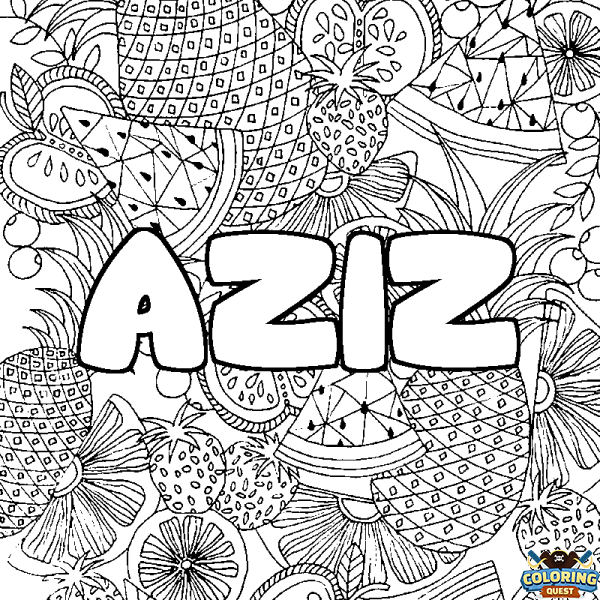 Coloring page first name AZIZ - Fruits mandala background