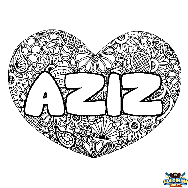 Coloring page first name AZIZ - Heart mandala background