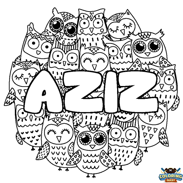 Coloring page first name AZIZ - Owls background
