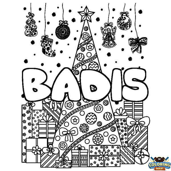 Coloring page first name BADIS - Christmas tree and presents background
