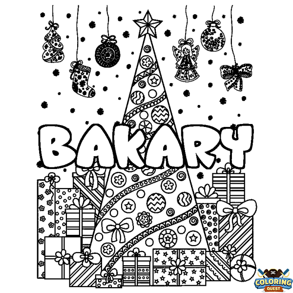 Coloring page first name BAKARY - Christmas tree and presents background