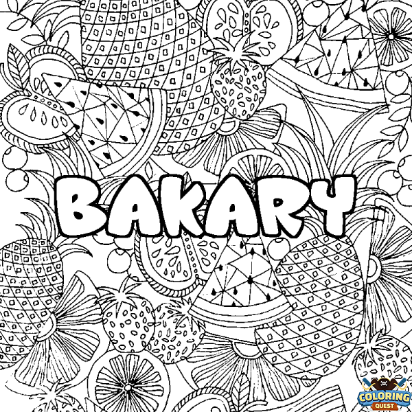 Coloring page first name BAKARY - Fruits mandala background