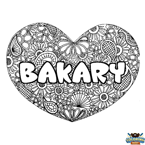 Coloring page first name BAKARY - Heart mandala background