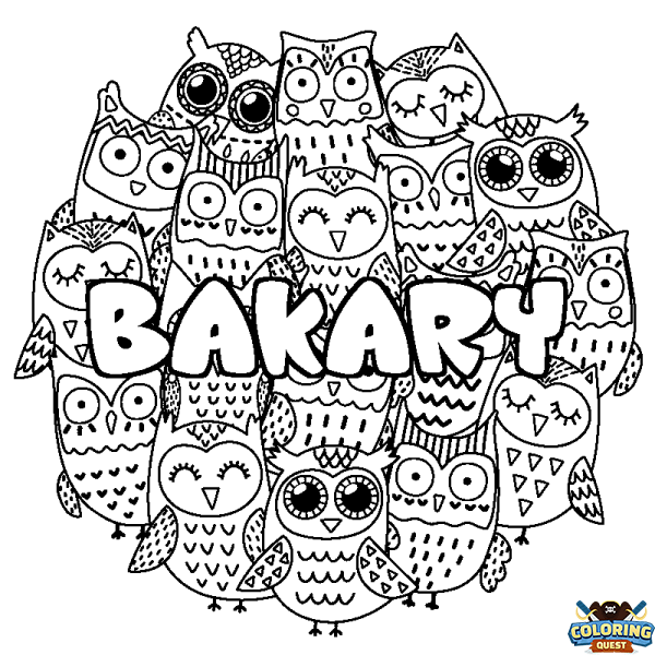 Coloring page first name BAKARY - Owls background