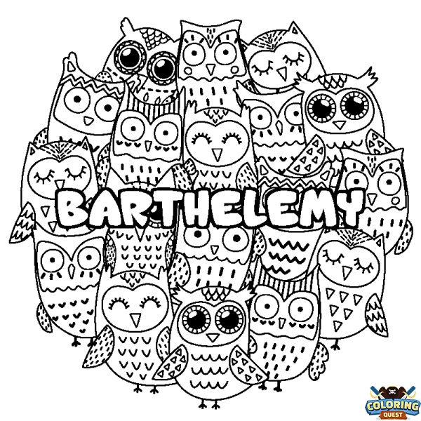 Coloring page first name BARTHELEMY - Owls background