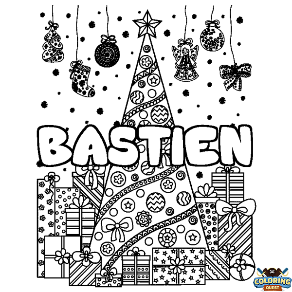 Coloring page first name BASTIEN - Christmas tree and presents background