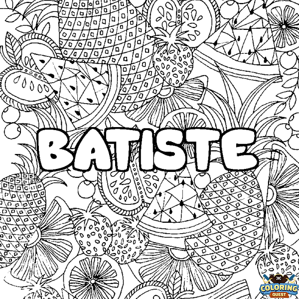 Coloring page first name BATISTE - Fruits mandala background