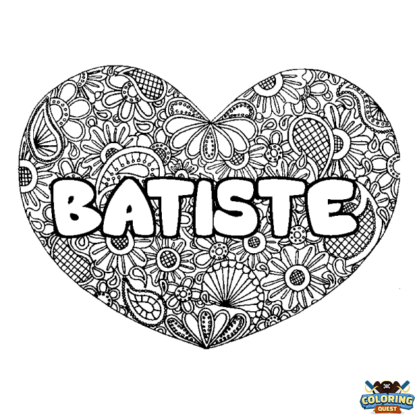 Coloring page first name BATISTE - Heart mandala background