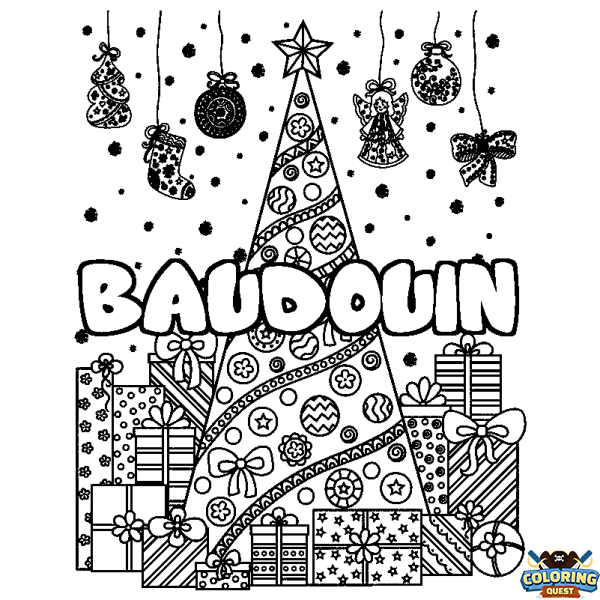 Coloring page first name BAUDOUIN - Christmas tree and presents background