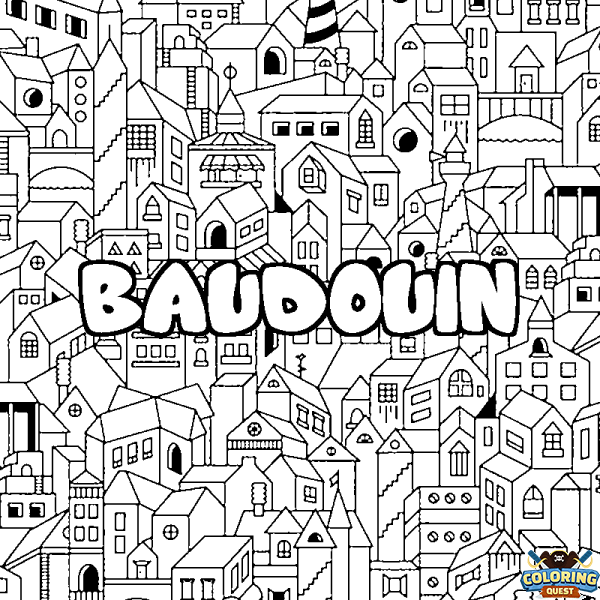 Coloring page first name BAUDOUIN - City background