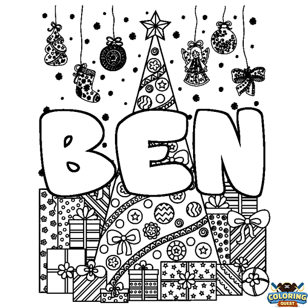 Coloring page first name BEN - Christmas tree and presents background