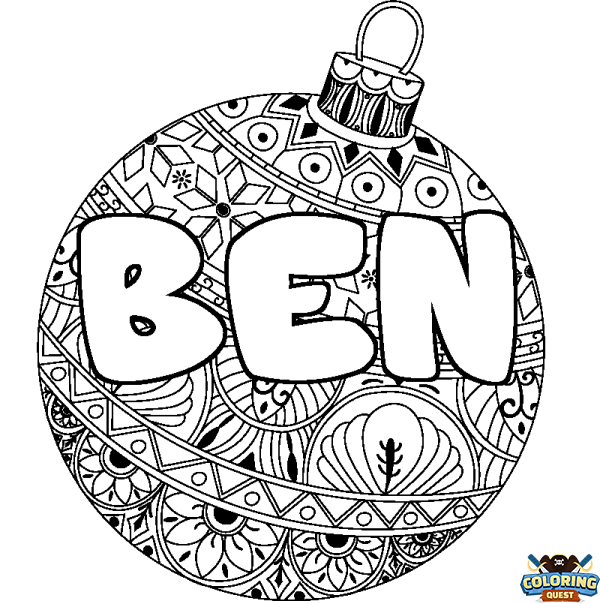 Coloring page first name BEN - Christmas tree bulb background