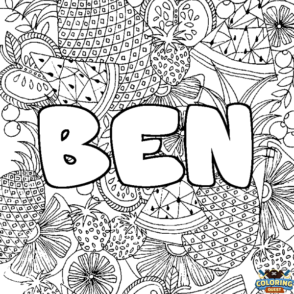 Coloring page first name BEN - Fruits mandala background