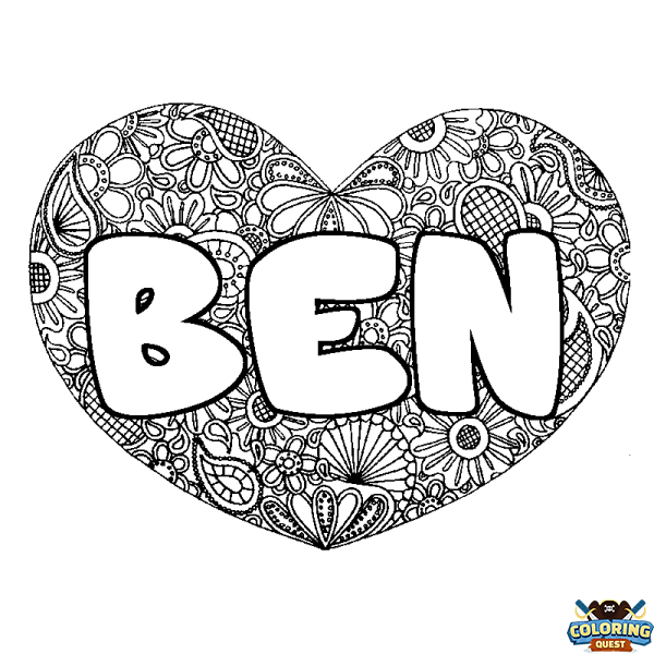 Coloring page first name BEN - Heart mandala background