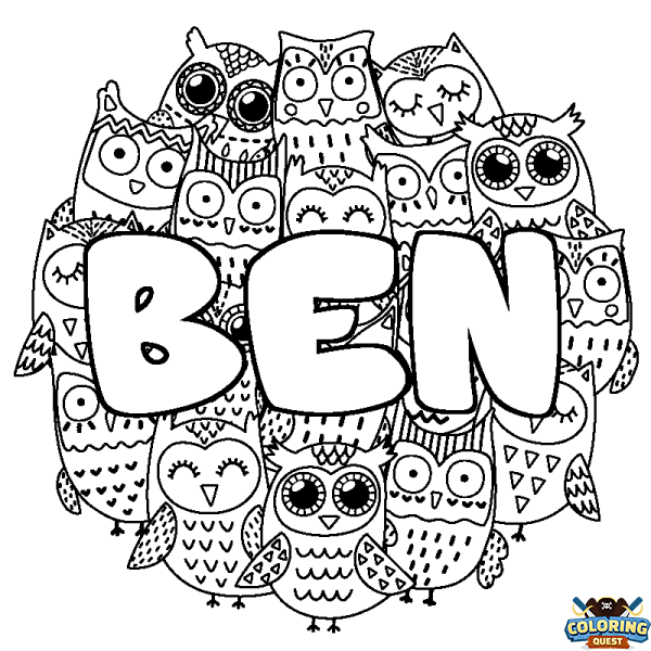 Coloring page first name BEN - Owls background
