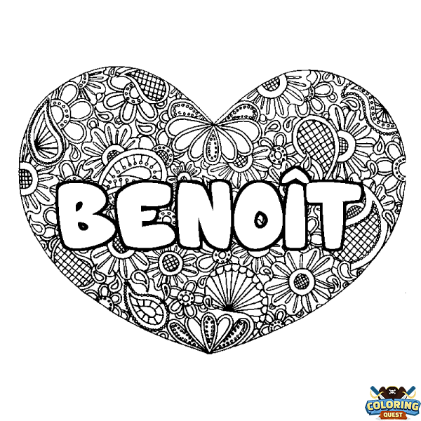 Coloring page first name BENO&Icirc;T - Heart mandala background