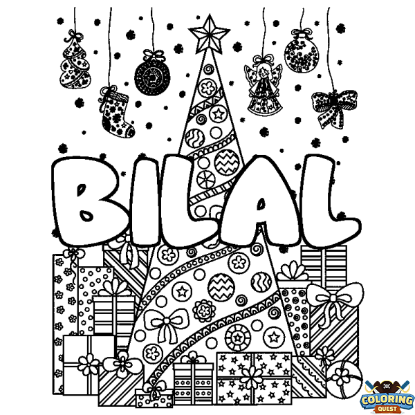 Coloring page first name BILAL - Christmas tree and presents background