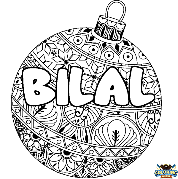 Coloring page first name BILAL - Christmas tree bulb background