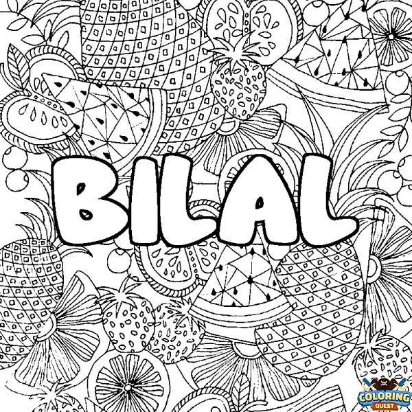 Coloring page first name BILAL - Fruits mandala background