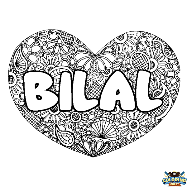 Coloring page first name BILAL - Heart mandala background