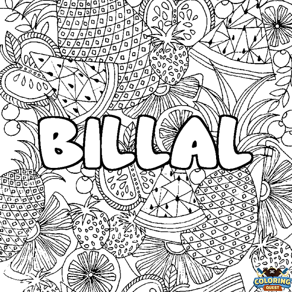 Coloring page first name BILLAL - Fruits mandala background